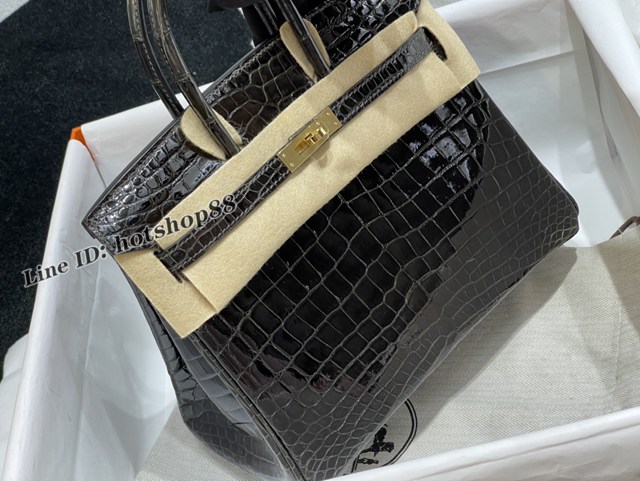 Hermes專櫃經典款鱷魚皮Birkin手提女包 愛馬仕鉑金25CM石墨灰金扣進口高光尼羅鱷魚肚皮純手工女包 zhh1226